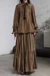 INTO THE EAST 25 Autumn/Winter Moss Green Lace-Up Silk Top/Spliced Layered Silk Skirt ITE-E1DGAW003GR20SK-LV Skirt (E1DGAW002GR20TP)